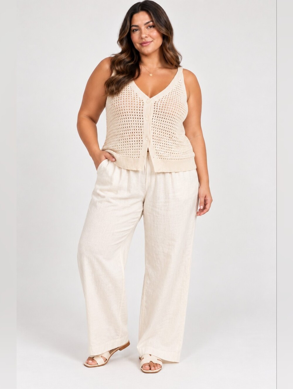 a new day Cream Open-Knit V-Neck Tank